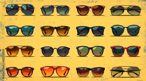 An isolated symbol modern set with sunglasses icons. Black sunglasses, men's glasses silhouette, hipster glasses. Polarized glasses and hipster sunwear icons. photo