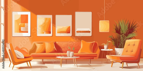 a living room with orange walls and furniture