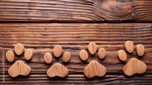   A detailed shot of a wooden texture, depicting intricate grain patterns and an assemblage of miniature wooden pieces arranged to resemble a canine paw print