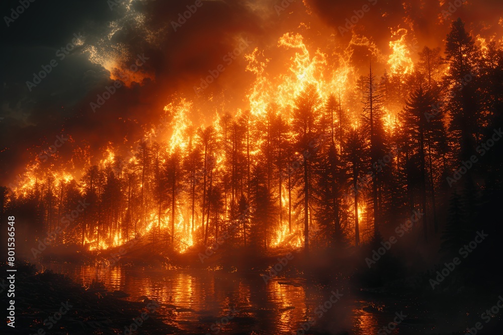 Forest fire is raging, with smoke and flames billowing into the sky. Scene is one of destruction and danger Forest fire is raging, with smoke and flames billowing into the sky. Scene is one of destruction and danger