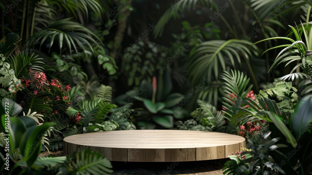 wooden podium surrounded by lush tropical foliage for product presentation 3d illustration