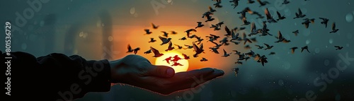 Illustration depicts freedom as birds soar from a hand in silhouette against a sunset, ideal for stress relief ads or therapy concepts. photo