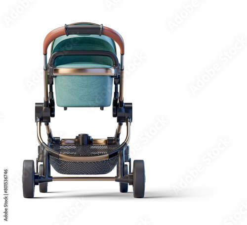 Green leather baby stroller on transparent background. 3D render front view