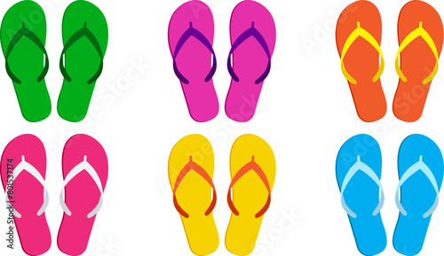 Summer flip flop icon, beach slipper, sand sandal, colorful pool shoe set, cartoon rubber footwear isolated on white background. Comic vector illustration