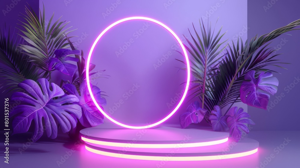 3d Vibrant Display, podium stage with tropical leaves and neon light. Mockup template, cosmetic mockup pedestal