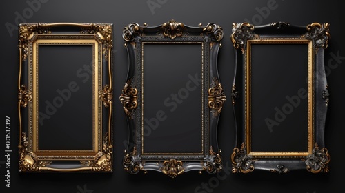 An ornamental frame with an ornamental rectangle ornament and an ornate border. A decorative wedding frame, an antique museum picture border, or a decorative deco devider. An isolated icon set.