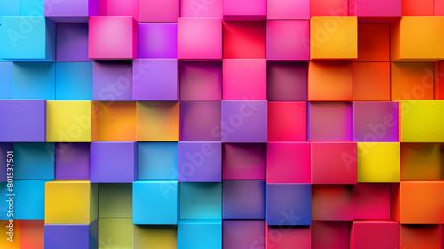 A colorful wall made of blocks in various colors. The blocks are arranged in a way that creates a vibrant and lively atmosphere. Superimposed of colorful boxes. wall stack of square multicolor box