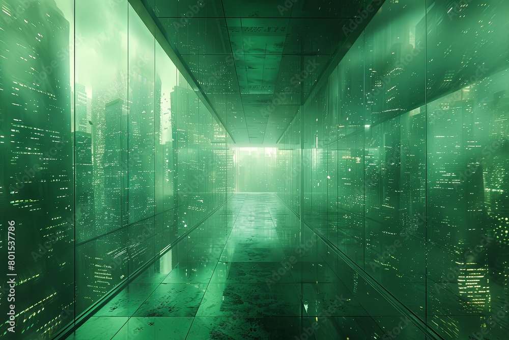 Long narrow hallway with a green tint and a city view in the background. The hallway is empty and the city lights are reflected in the glass walls Long narrow hallway with a green tint and a city view in the background. The hallway is empty and the city lights are reflected in the glass walls
