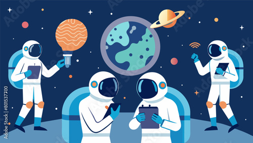 A group of astronauts using cognitive augmentation to enhance their problemsolving skills and adapt to the challenges of space exploration..