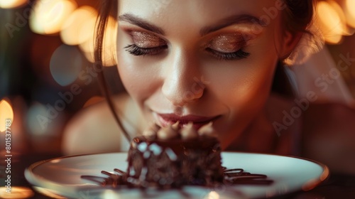 A woman is smiling as she smells a piece of chocolate cake on a plate. The dessert is a delicious baked good  perfect for a birthday celebration AIG50