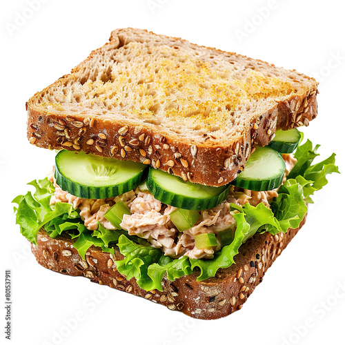 Tuna salad sandwich with lettuce and sliced cucumber isolated on white or transparent background