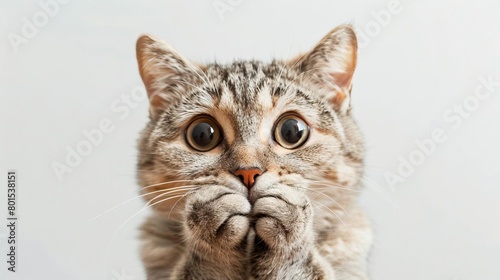 surprised cat covering mouth with paws funny animal reaction on white background photo