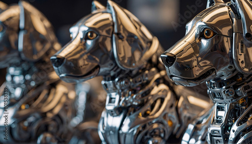 team of futuristic robot metal dogs. Close-up.