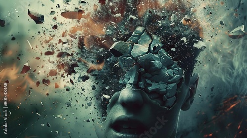 surreal digital illustration depicting persons head exploding into fragments symbolizing psychological turmoil and mental breakdown