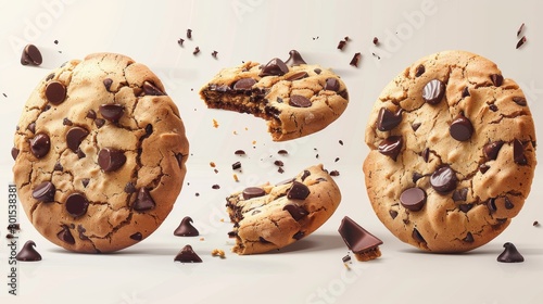 A bit of chocolate chip cookie breaks a brown biscuit. Cartoon animation of baking round chocolate chip cookies. Illustration animation erasing a piece of chocolate chip cookie that has been bitten photo