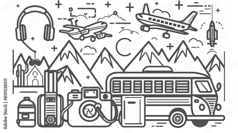 Detailed line art diagrams explaining travel tips and hacks. Detailed line art diagrams explaining travel tips and hacks.