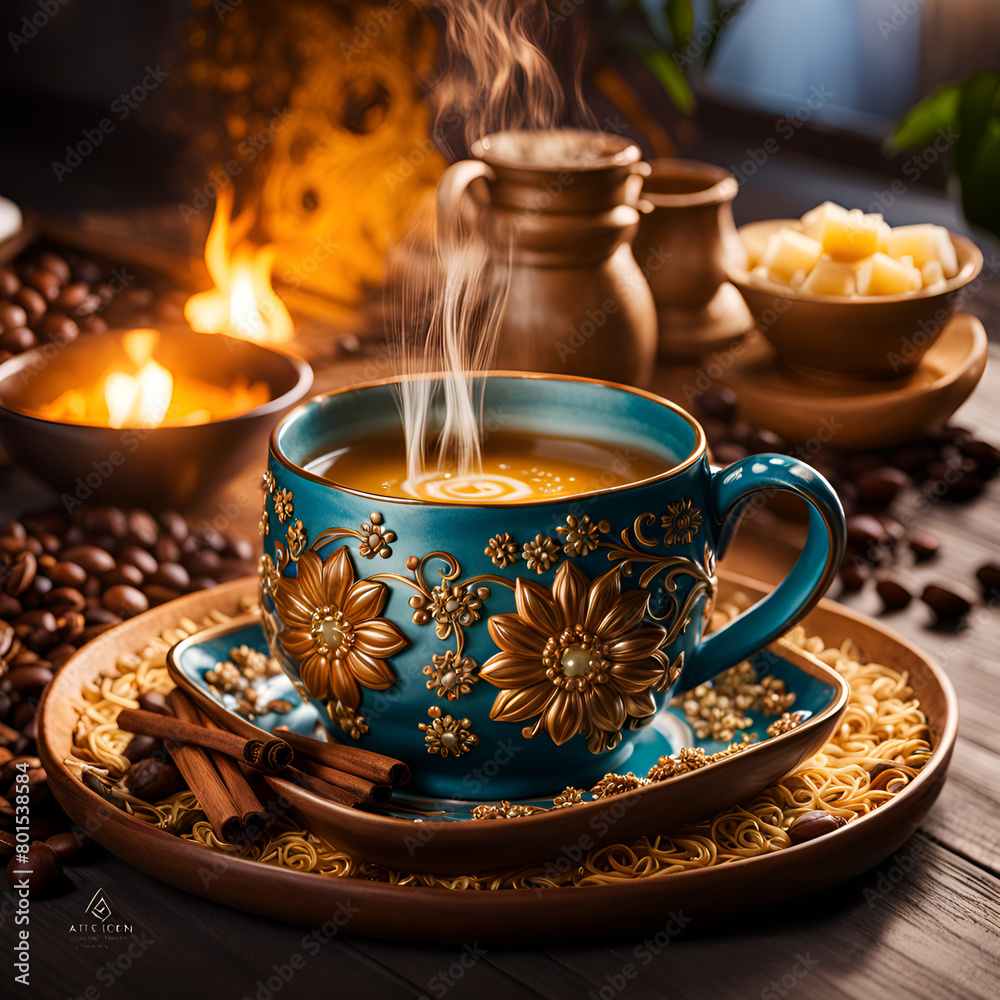 Coffee cup on saucer on wooden table with coffee beans and cinnamon sticks. Coffee cup on saucer on wooden table with coffee beans and cinnamon sticks.