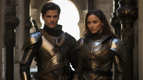 Futuristic warrior couple in ornate armor