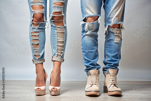 A man and a woman in ripped denim trousers and high heels