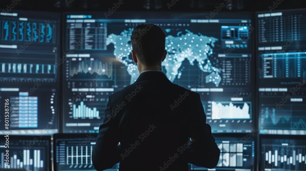 techsavvy businessman analyzing data on futuristic screens advanced analytics concept techsavvy businessman analyzing data on futuristic screens advanced analytics concept