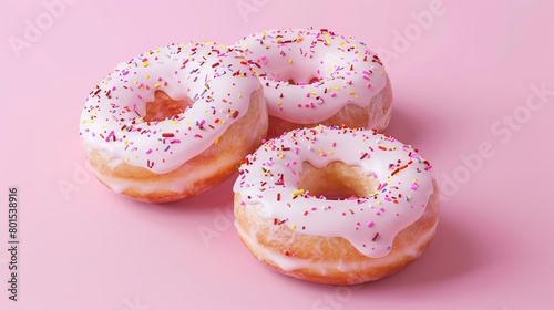 three delicious glazed donuts on minimal pink background sweet dessert rendering © Bijac