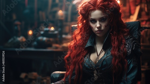 Mysterious woman with vibrant red hair in a dark, moody setting