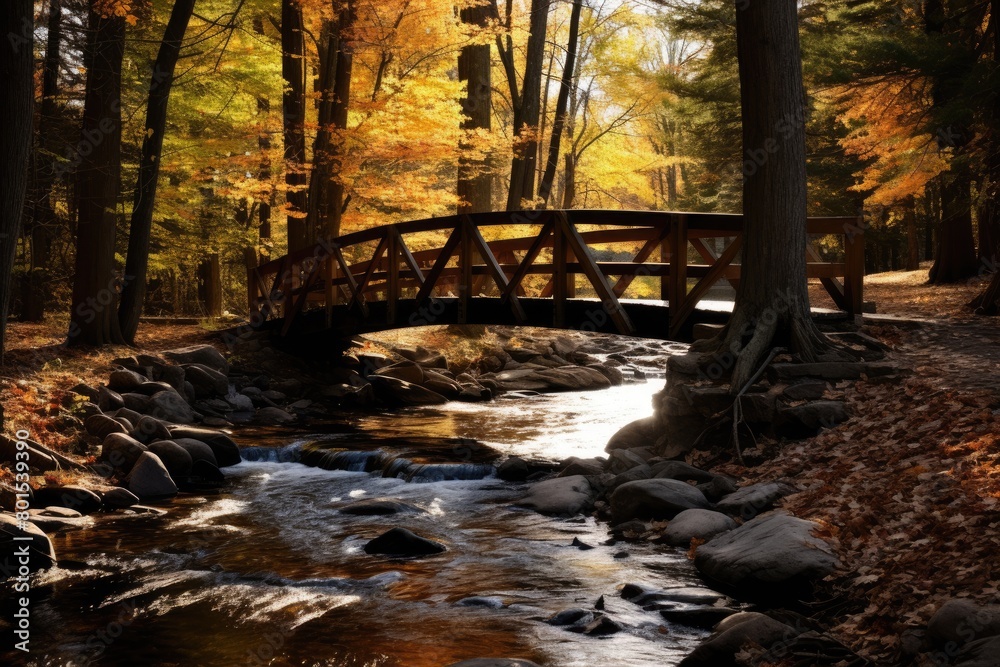 Autumn forest stream with wooden bridge Autumn forest stream with wooden bridge