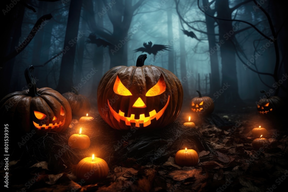 Spooky Halloween pumpkins in a dark forest