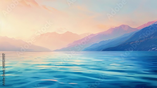 tranquil marine landscape with calm ocean waters and distant mountains under warm sunlight digital painting photo