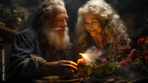 a man and woman sitting next to each other in front of a candle and flowers