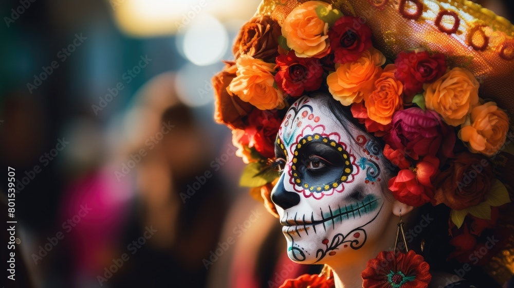 Vibrant Dia de los Muertos Makeup and Floral Headpiece