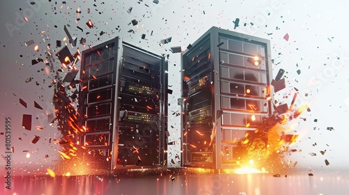 two overloaded servers exploding on white background concept of data overload and information excess 3d illustration photo