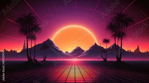 Vibrant sunset landscape with palm trees and mountains
