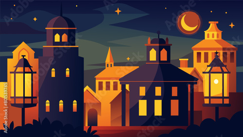 Historic buildings take on a new life as their walls are bathed in the warm glow of lanterns showcasing their pivotal role in shaping American. Vector illustration