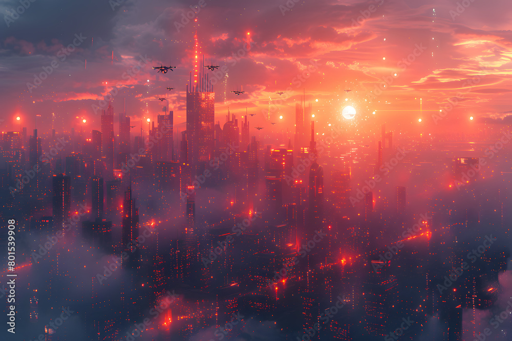 Futuristic Cityscape with Digital Banners and Drones Over a Sunset Horizon