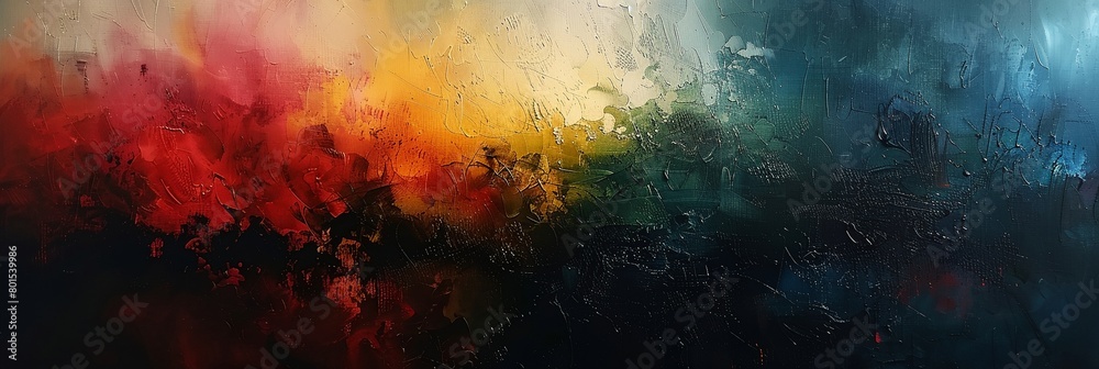 a colorful abstract painting on a wall with a black background
