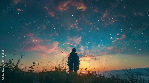 a person standing in a field looking at the sky with stars