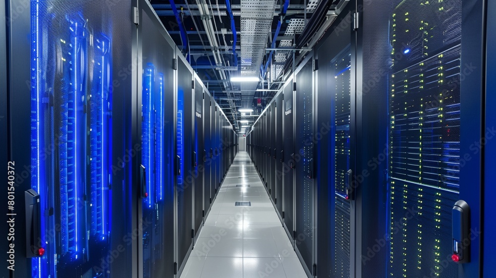a long hallway with rows of servers in a data center with blue lights on the ceiling and a long white floor.. a long hallway with rows of servers in a data center with blue lights on the ceiling and a long white floor..