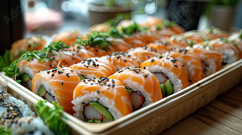 Large selection of varied sushi. Sushi to go. Takeaway sushi box.