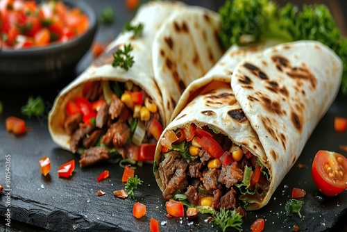 Delectable Burritos Wraps Filled with Succulent Beef and Fresh Vegetables, Presented on a Chic Black Stone Background.