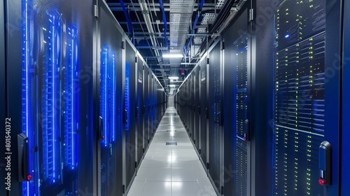 a long hallway with rows of servers in a data center with blue lights on the ceiling and a long white floor..