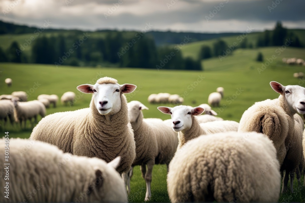 Obraz premium 'lot sheep meadow a green agriculture animal domestic eating enclosure ewe farm farming farmland fence field flock forest grass grazing group hill horizon land landscape landscaped life light mammal'