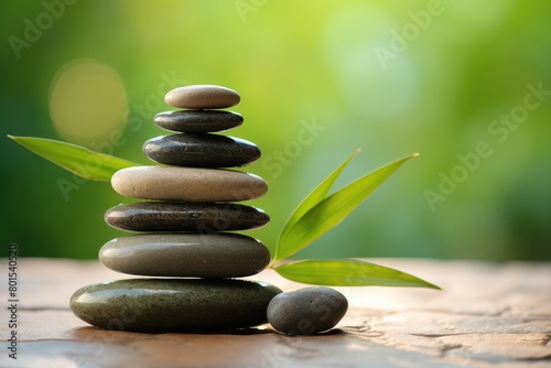 Balanced zen stones with bamboo leaves