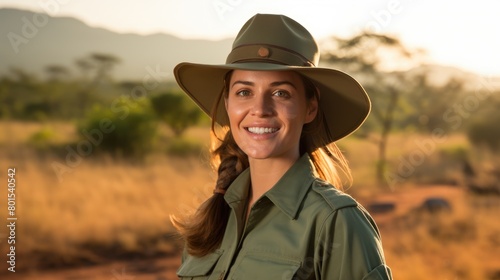 Smiling woman in safari outfit at sunset
