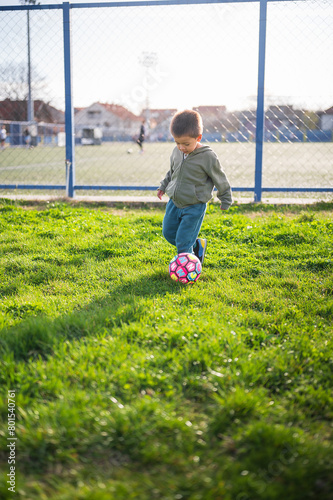 Little boy playing with soccer ball on the grass
