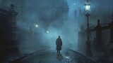 victorian era detective walking foggy london streets at night atmospheric concept illustration