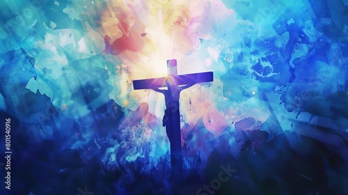 vibrant watercolor illustration of jesus on the cross with heavenly blue light shining through religious concept art photo