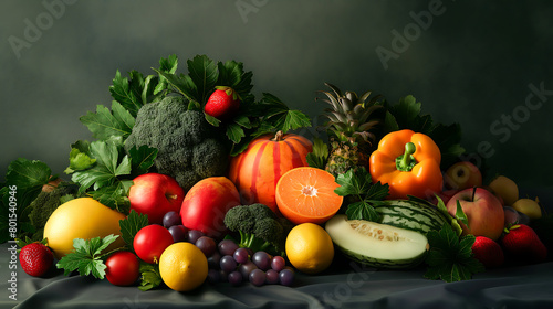 Fresh fruits and vegetables, Cucumber, Bell pepper, Tomato, Lemon, Grape, Orange, Kiwi, Strawberry, Apple, Broccoli, Pumpkin, Pineapple 