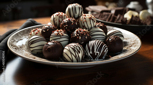 A decadent and rich plate of chocolate truffles with creamy ganache.