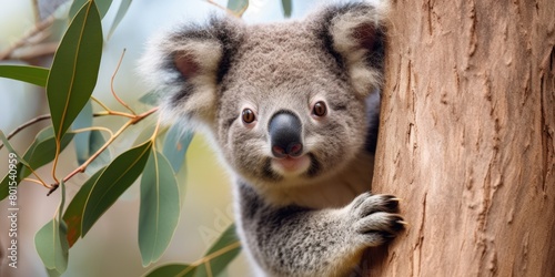 Adorable koala peeking out from tree trunk